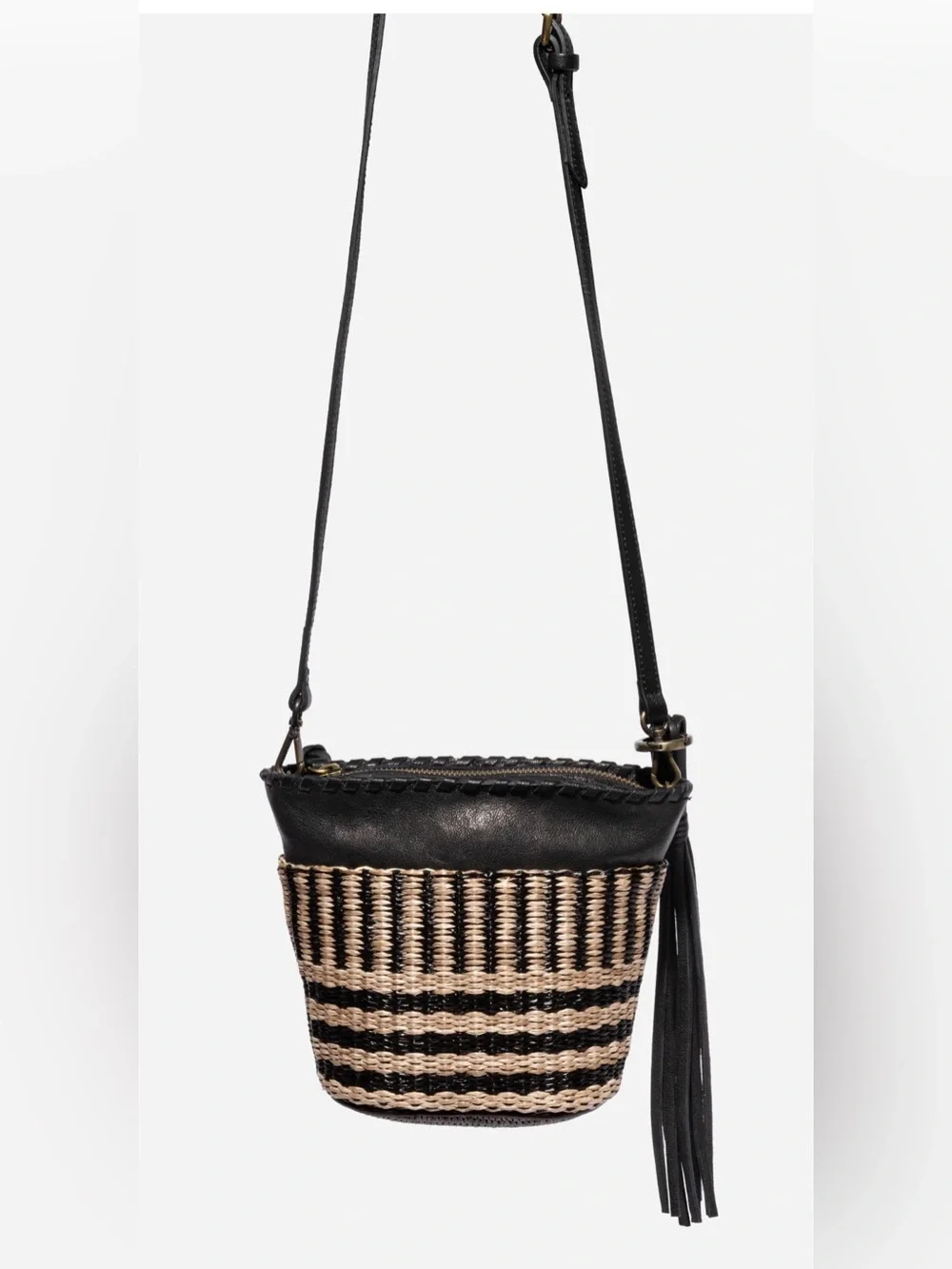 Johnny Was Banda Crochet Bucket Leather Raffia Woven Tassel Boho Western Bag